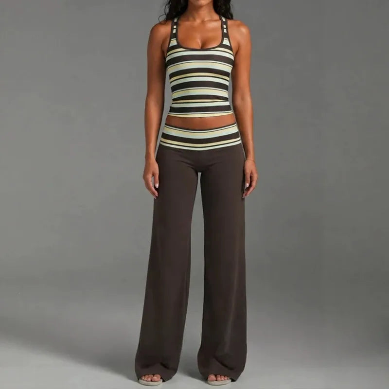 Y2K Style 2 Piece Set for Women Striped Square Neck Cropped Cami Top High Waist Flare Pants Lady'S Casual Streetwear Outfits