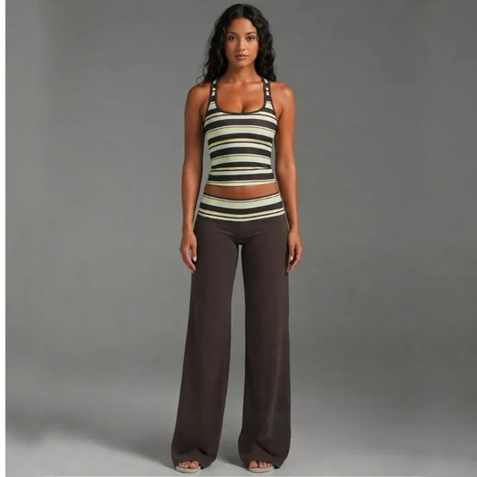 Y2K Style 2 Piece Set for Women Striped Square Neck Cropped Cami Top High Waist Flare Pants Lady'S Casual Streetwear Outfits