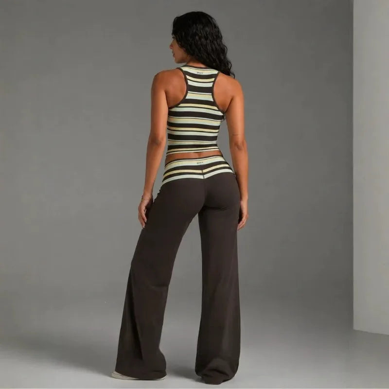 Y2K Style 2 Piece Set for Women Striped Square Neck Cropped Cami Top High Waist Flare Pants Lady'S Casual Streetwear Outfits